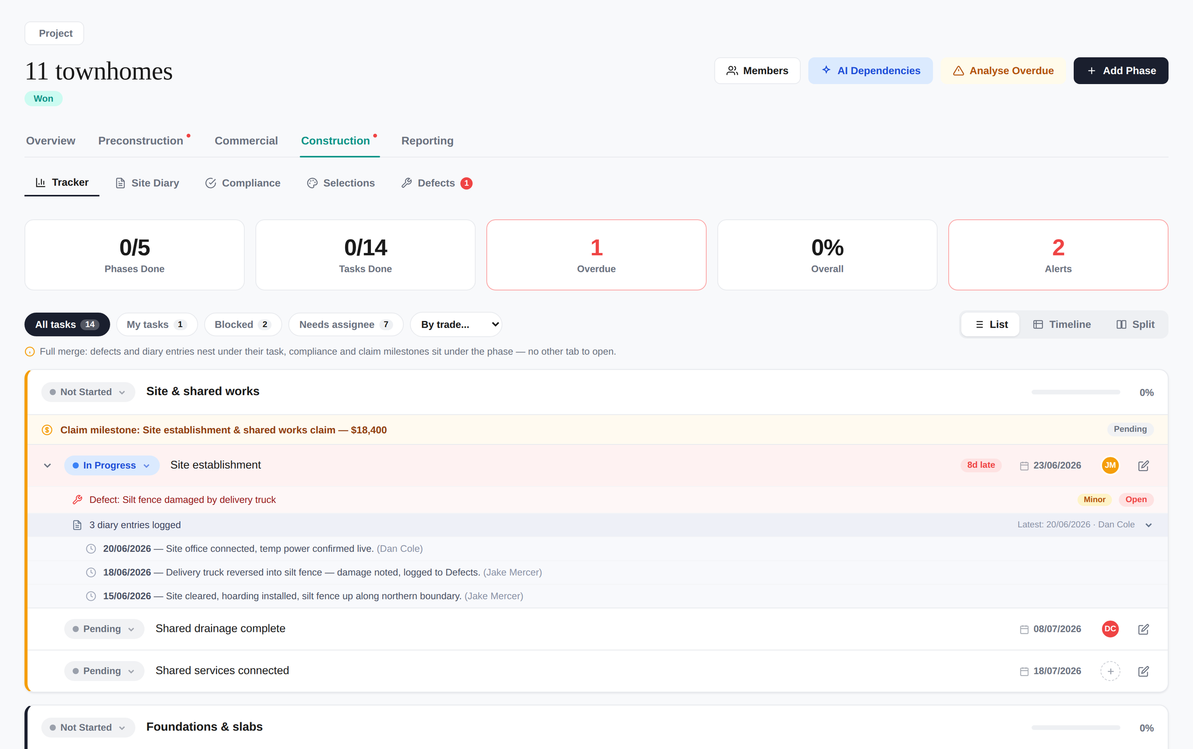 Build Margin Tracker showing a construction phase task list with a defect and site diary entries merged directly under the relevant task